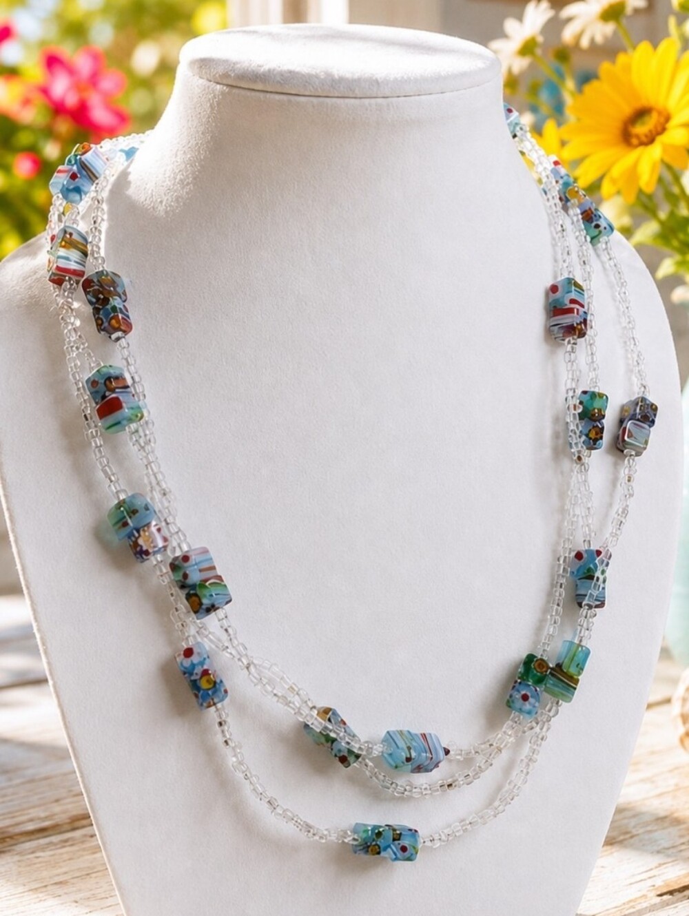 Millefiore Multi Color Italian Glass Cube Clear Seed Bead Extra Long Necklace